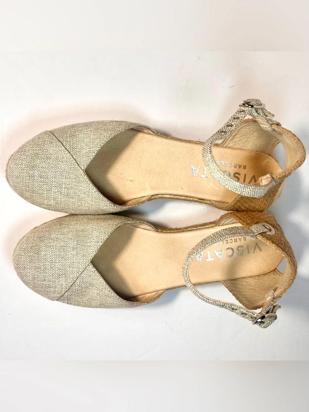 Viscata Pubol Canvas Espadrille Wedge Sandals 40 9 Leather Metallic Ankle Strap
